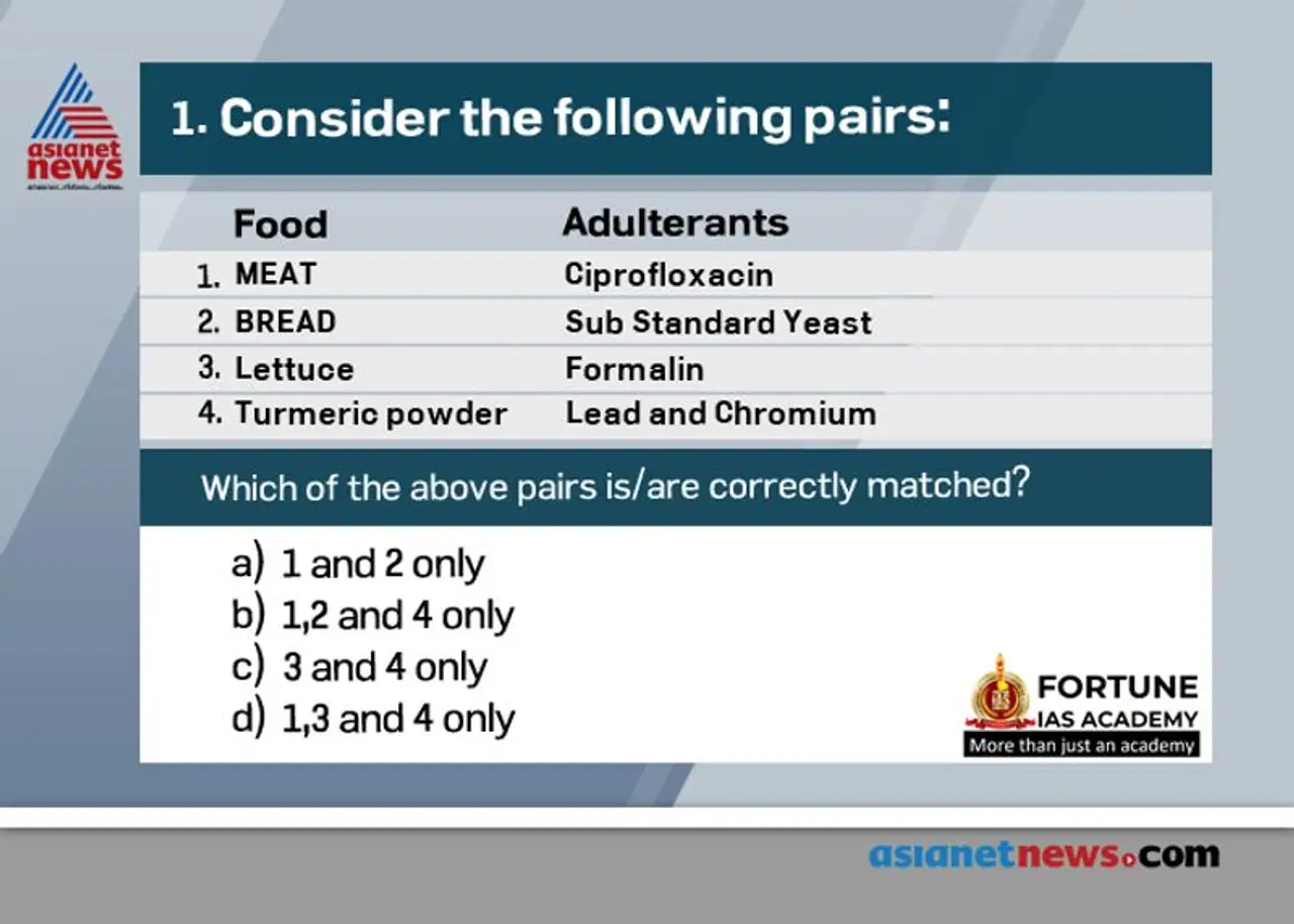 <p><span style="font size:16px;"><strong>Answer: (b)</strong></span></p><p><br /><strong>• B</strong>read Sub Standard Yeast<br /><strong>• L</strong>ettuce Gamma BHC (Lindane)<br /><strong>• M</strong>eat Ciprofloxacin, Sulfonamide<br /><strong>• T</strong>urmeric Powder Lead and chromium</p><p><br /><strong>Source:</strong></p><p>ttps://www.indiatoday.in/education today/gk current affairs/story/common food adulterants in india 1370601 2018 10 19<br /> </p> <p><span style="font size:16px;"><strong>Answer: (b)</strong></span></p><p><br /><strong>• B</strong>read Sub Standard Yeast<br /><strong>• L</strong>ettuce Gamma BHC (Lindane)<br /><strong>• M</strong>eat Ciprofloxacin, Sulfonamide<br /><strong>• T</strong>urmeric Powder Lead and chromium</p><p><br /><strong>Source:</strong></p><p>ttps://www.indiatoday.in/education today/gk current affairs/story/common food adulterants in india 1370601 2018 10 19<br /> </p>