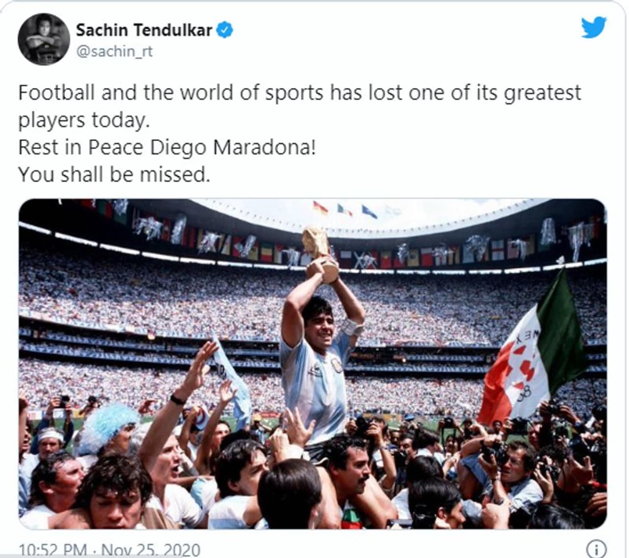 <p>ഫുട്ബോളിനും കായികലോകത്തിനും എക്കാലത്തെയും മികച്ച താരങ്ങളിലൊരാളെ നഷ്ടമായി എന്ന് സച്ചിന് കുറിച്ചു. <br /> </p> <p>ഫുട്ബോളിനും കായികലോകത്തിനും എക്കാലത്തെയും മികച്ച താരങ്ങളിലൊരാളെ നഷ്ടമായി എന്ന് സച്ചിന് കുറിച്ചു. <br /> </p>