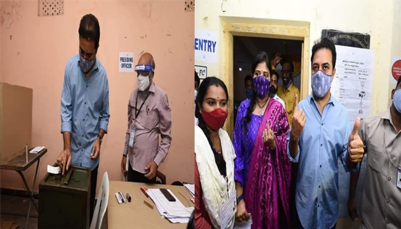 <p>పోలింగ్ ప్రారంభంకాగానే బంజారాహిల్స్ నందినగర్ లో మంత్రి కేటీఆర్ ఓటేశారు. కుటుంబంతో కలిసి పోలింగ్ కలిసి పోలింగ్ స్టేషన్ కు చేరుకున్న ఆయన ఓటుహక్కును వినియోగించుకున్నారు. అనంతరం ఆయన మాట్లాడుతూ... ప్రతి ఒక్కరూ ఓటు హక్కును వినియోగించుకోవాలని కోరారు.</p> <p>పోలింగ్ ప్రారంభంకాగానే బంజారాహిల్స్ నందినగర్ లో మంత్రి కేటీఆర్ ఓటేశారు. కుటుంబంతో కలిసి పోలింగ్ కలిసి పోలింగ్ స్టేషన్ కు చేరుకున్న ఆయన ఓటుహక్కును వినియోగించుకున్నారు. అనంతరం ఆయన మాట్లాడుతూ... ప్రతి ఒక్కరూ ఓటు హక్కును వినియోగించుకోవాలని కోరారు.</p>