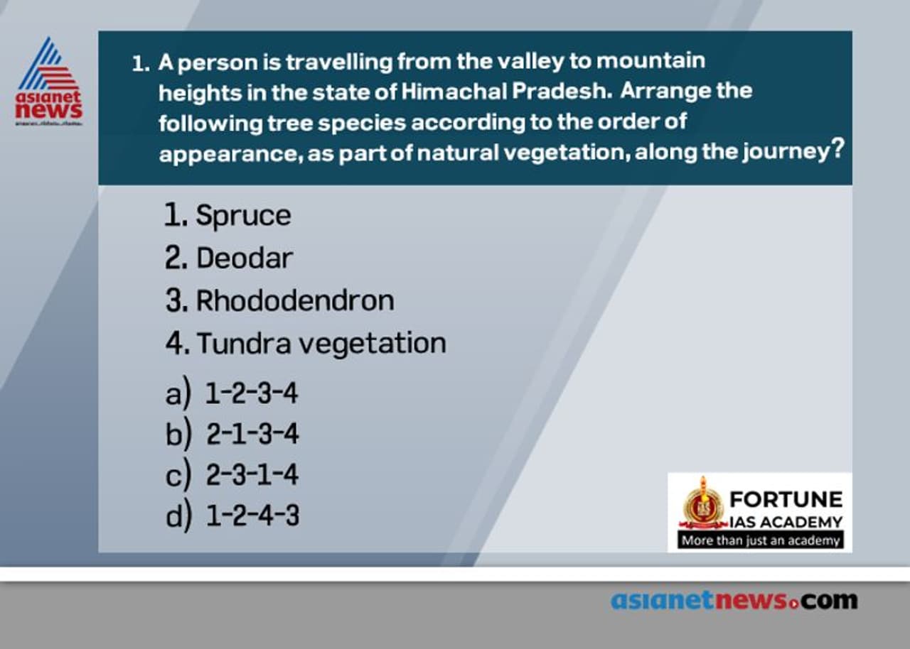 <p><span style="font size:16px;"><strong>Answer: (b)</strong></span></p><p><br /><strong>. T</strong>he Himalayan ranges show a succession of vegetation from the tropical to the tundra, which change in with the altitude. Deciduous forests are found in the foothills of the Himalayas.<br /><strong>. I</strong>t is succeeded by the wet temperate type of forests between an altitude of 1,000 2,000 m.<br /><strong>. D</strong>eodar, a highly valued endemic species (temperate vegetation) grows mainly in the western part of the Himalayan range. Deodar is a durable wood mainly used in construction activity. Similarly, the chinar and the walnut, which sustain the famous Kashmir handicrafts, belong to this zone.<br /><strong>. O</strong>ther examples of temperate vegetation are in the eastern Himalayas such as oak, chestnut, pine forests etc.<br /><strong>. B</strong>lue pine and spruce appear at altitudes of 2,225 3,048 m. At many places in this zone, temperate grasslands are also found.<br /><strong>. B</strong>ut in the higher reaches, there is a transition to Alpine forests and pastures. Silver firs, junipers, pines, birch and rhododendrons, etc. occur between 3,000 4,000 m.<br /><strong>. A</strong>t higher altitudes, mosses and lichens form part of the tundra vegetation.</p><p><br /><strong>Source</strong> India: Physical Environment Class : XI.</p> <p><span style="font size:16px;"><strong>Answer: (b)</strong></span></p><p><br /><strong>. T</strong>he Himalayan ranges show a succession of vegetation from the tropical to the tundra, which change in with the altitude. Deciduous forests are found in the foothills of the Himalayas.<br /><strong>. I</strong>t is succeeded by the wet temperate type of forests between an altitude of 1,000 2,000 m.<br /><strong>. D</strong>eodar, a highly valued endemic species (temperate vegetation) grows mainly in the western part of the Himalayan range. Deodar is a durable wood mainly used in construction activity. Similarly, the chinar and the walnut, which sustain the famous Kashmir handicrafts, belong to this zone.<br /><strong>. O</strong>ther examples of temperate vegetation are in the eastern Himalayas such as oak, chestnut, pine forests etc.<br /><strong>. B</strong>lue pine and spruce appear at altitudes of 2,225 3,048 m. At many places in this zone, temperate grasslands are also found.<br /><strong>. B</strong>ut in the higher reaches, there is a transition to Alpine forests and pastures. Silver firs, junipers, pines, birch and rhododendrons, etc. occur between 3,000 4,000 m.<br /><strong>. A</strong>t higher altitudes, mosses and lichens form part of the tundra vegetation.</p><p><br /><strong>Source</strong> India: Physical Environment Class : XI.</p>