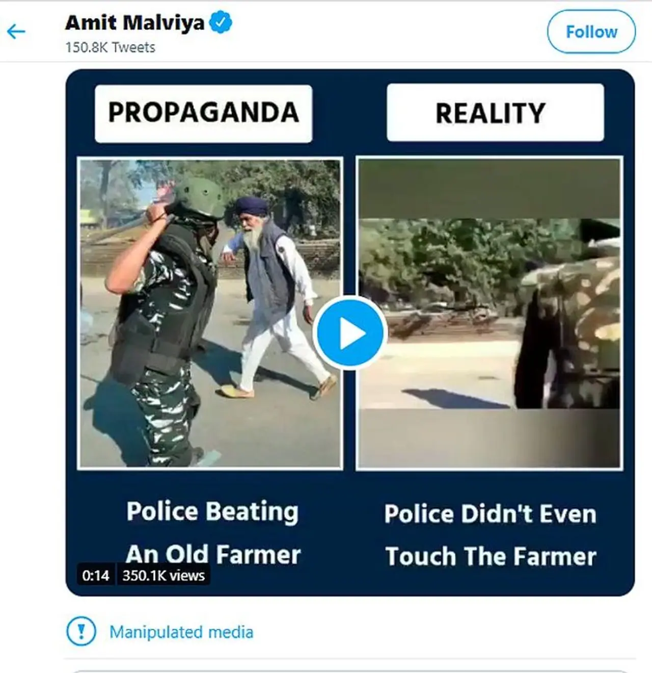 <p>Twitter red flagged Malviya's post from November 28 in which he called out Rahul Gandhi as the "the most discredited opposition leader India has seen in a long long time", while calling the video of a farmer being lathicharged as propaganda.</p> <p>Twitter red flagged Malviya's post from November 28 in which he called out Rahul Gandhi as the "the most discredited opposition leader India has seen in a long long time", while calling the video of a farmer being lathicharged as propaganda.</p>