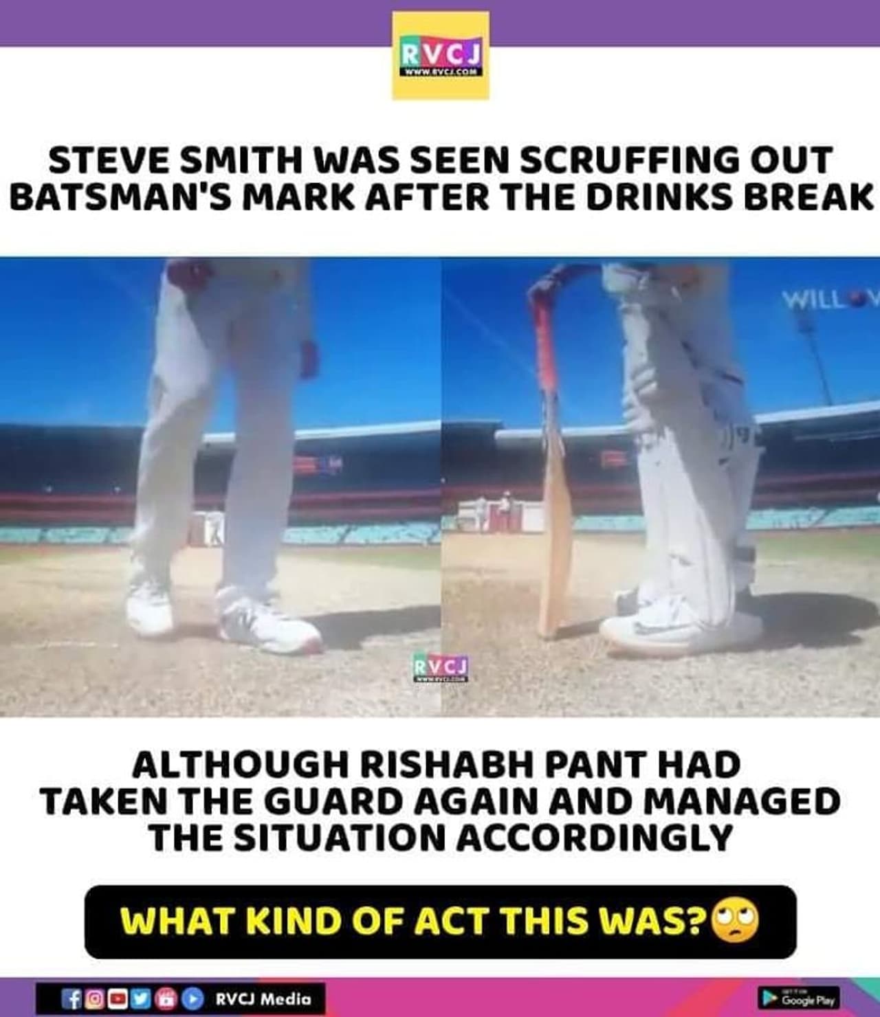 <p>‘సాండ్ పేపర్’ వివాదం కారణంగా ఏడాది సస్పెన్షన్కు గురైన స్టీవ్ స్మిత్... డ్రింక్ బ్రేక్ సమయంలో క్రీజులోకి వెళ్లి రిషబ్ పంత్ గార్డ్ను తుడిచేయడానికి ప్రయత్నించాడు. పంత్ గీసుకున్న లైన్కి ఆవల మరో లైన్ గీశాడు. </p> <p>‘సాండ్ పేపర్’ వివాదం కారణంగా ఏడాది సస్పెన్షన్కు గురైన స్టీవ్ స్మిత్... డ్రింక్ బ్రేక్ సమయంలో క్రీజులోకి వెళ్లి రిషబ్ పంత్ గార్డ్ను తుడిచేయడానికి ప్రయత్నించాడు. పంత్ గీసుకున్న లైన్కి ఆవల మరో లైన్ గీశాడు. </p>