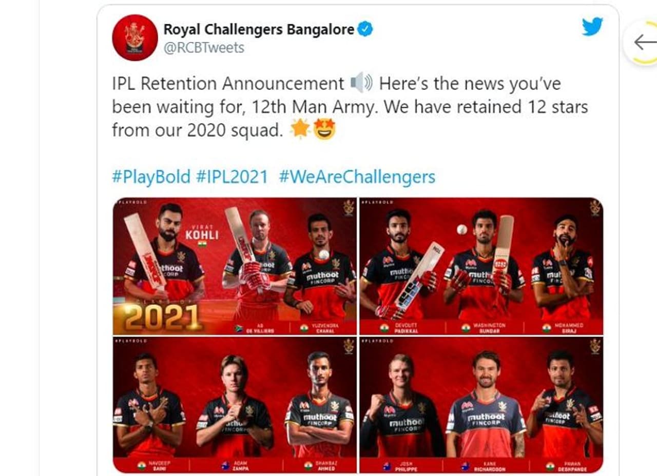 <p>2021ನೇ ಐಪಿಎಲ್ ಟೂರ್ನಿಗಾಗಿ ರಾಯಲ್ ಚಾಲೆಂಜರ್ಸ್ ಬೆಂಗಳೂರು ತಂಡ 12 ಆಟಗಾರರನ್ನು ತಂಡದಲ್ಲೇ ಉಳಿಸಿಕೊಂಡಿದೆ. ಇನ್ನು 10 ಆಟಗಾರರನ್ನು ತಂಡದಿಂದ ಕೈಬಿಟ್ಟಿದೆ.</p> <p>2021ನೇ ಐಪಿಎಲ್ ಟೂರ್ನಿಗಾಗಿ ರಾಯಲ್ ಚಾಲೆಂಜರ್ಸ್ ಬೆಂಗಳೂರು ತಂಡ 12 ಆಟಗಾರರನ್ನು ತಂಡದಲ್ಲೇ ಉಳಿಸಿಕೊಂಡಿದೆ. ಇನ್ನು 10 ಆಟಗಾರರನ್ನು ತಂಡದಿಂದ ಕೈಬಿಟ್ಟಿದೆ.</p>