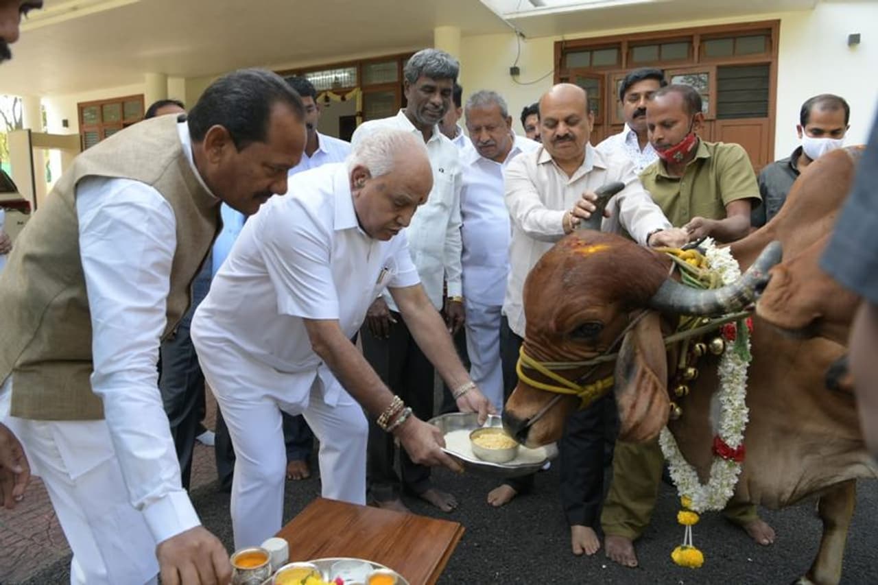 <p>ಸಿಎಂ ನಿವಾಸ ಕಾವೇರಿಯಲ್ಲಿ ಇಂದು(ಮಂಗಳವಾರ) ಮುಖ್ಯಮಂತ್ರಿ ಬಿ.ಎಸ್. ಯಡಿಯೂರಪ್ಪ ಗೋ ಪೂಜೆ ನೆರವೇರಿಸಿದ್ದಾರೆ.&nbsp;</p>
