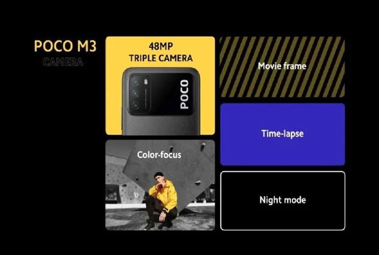 <p>పెద్ద డిస్ ప్లే, ట్రిపుల్ రియర్ కెమెరా సెటప్, 6000 ఎంఏహెచ్ బ్యాటరీతో పోకో ఎం3ని భారత మార్కెట్లోకి తీసుకొచ్చారు. తక్కువ ధరతో మంచి కెమెరాతో పెద్ద ర్యామ్, స్టోరేజ్ ఫోన్ కోసం చూస్తున్న వినియోగదారులను దృష్టిలో ఉంచుకుని పోకో ఎం 3 స్మార్ట్ఫోన్ను ప్రవేశపెట్టారు.<br /> </p> <p>పెద్ద డిస్ ప్లే, ట్రిపుల్ రియర్ కెమెరా సెటప్, 6000 ఎంఏహెచ్ బ్యాటరీతో పోకో ఎం3ని భారత మార్కెట్లోకి తీసుకొచ్చారు. తక్కువ ధరతో మంచి కెమెరాతో పెద్ద ర్యామ్, స్టోరేజ్ ఫోన్ కోసం చూస్తున్న వినియోగదారులను దృష్టిలో ఉంచుకుని పోకో ఎం 3 స్మార్ట్ఫోన్ను ప్రవేశపెట్టారు.<br /> </p>