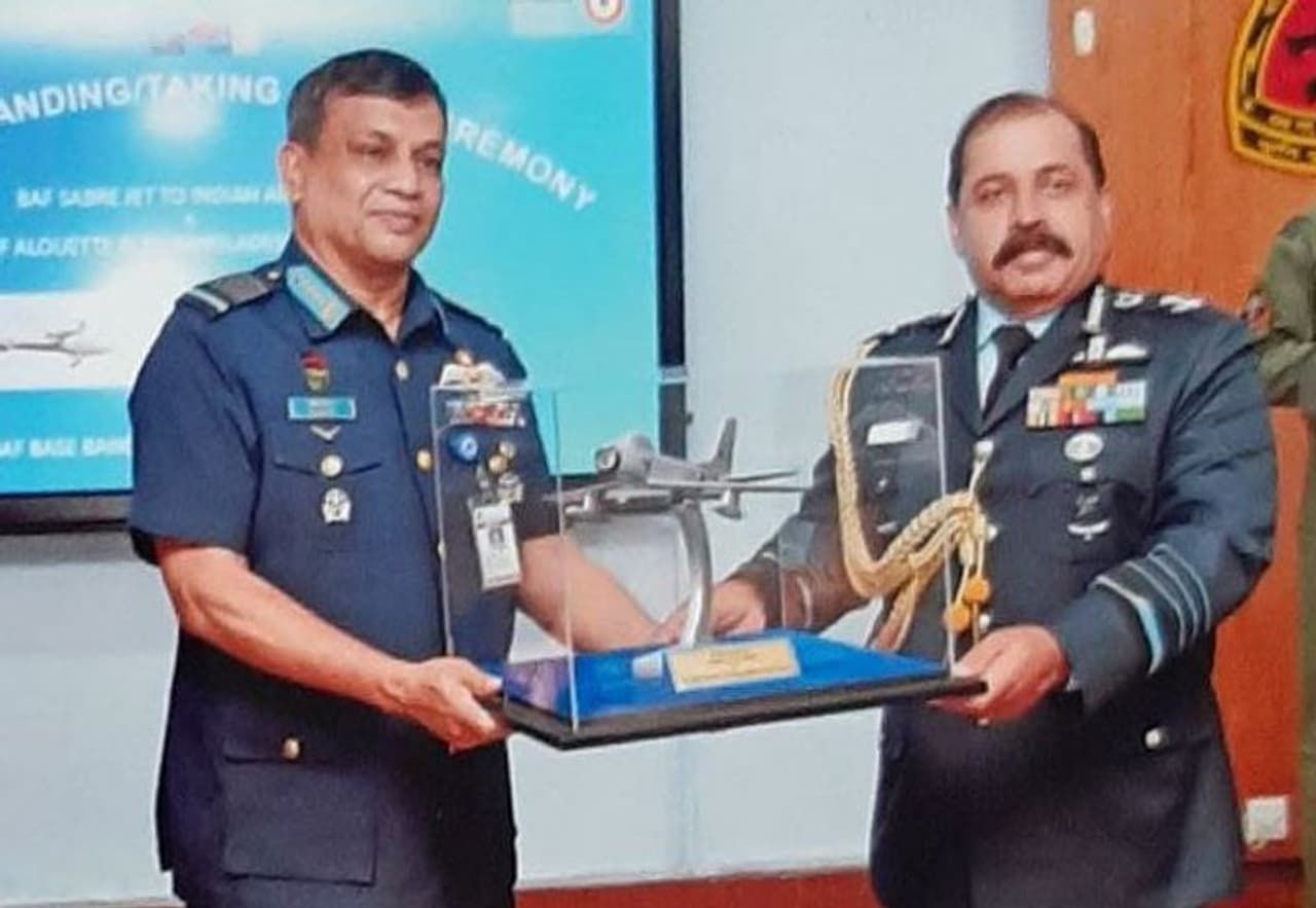 <p>India and Bangladesh are celebrating Swarnim Vijay Diwas to mark 50 years of India's victory over Pakistan and birth of Bangladesh. To mark the occasion, India and Bangladesh made a ceremonial exchange of vintage aircraft. <br /> </p><p>Chief of Air Staff RKS Bhadauria, who is on a four day visit to Bangladesh, gifted the BAF an Alouettee III helicopter used in the Liberation War by the brave Kilo Flight team. His Bangladeshi counterpart Air Chief Marshal Masihuzzaman Serniabat gifted an F 86 Sabre. <br /> </p><p>The two aircraft will be placed in the Air Force Museums of respective countries. </p> <p>India and Bangladesh are celebrating Swarnim Vijay Diwas to mark 50 years of India's victory over Pakistan and birth of Bangladesh. To mark the occasion, India and Bangladesh made a ceremonial exchange of vintage aircraft. <br /> </p><p>Chief of Air Staff RKS Bhadauria, who is on a four day visit to Bangladesh, gifted the BAF an Alouettee III helicopter used in the Liberation War by the brave Kilo Flight team. His Bangladeshi counterpart Air Chief Marshal Masihuzzaman Serniabat gifted an F 86 Sabre. <br /> </p><p>The two aircraft will be placed in the Air Force Museums of respective countries. </p>