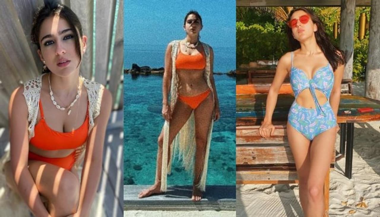 సారా అలీఖాన్‌ ఆరేంజ్‌ కలర్‌ బికినీలో మెరిసింది. సముద్రంలో సేద తీరే క్రమంలో బికినీ పోజులిచ్చింది.