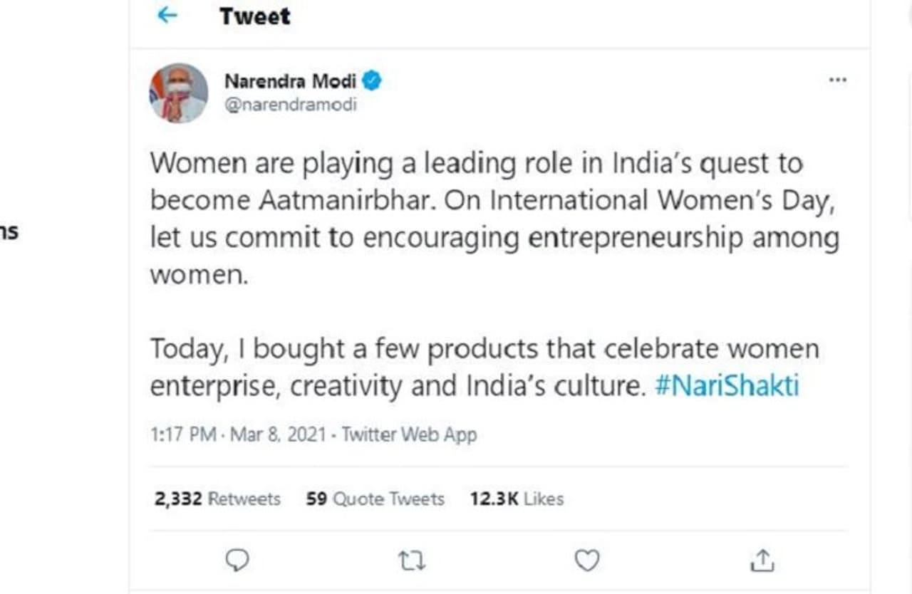 <p>ಭಾರತದ ಆತ್ಮನಿರ್ಭರತೆಯಲ್ಲಿ ಮಹಿಳೆಯ ಪಾತ್ರ ಪ್ರಮುಖವಾಗಿದೆ. ಈ ನಿಟ್ಟಿನಲ್ಲಿ ಭಾರತದ ಮಹಿಳೆಯರು ಹಿಂದೆಂದೂ ಕಾಣದಂತ ಕೊಡುಗೆ ನೀಡುತ್ತಿದ್ದಾರೆ. ಅಂತಾರಾಷ್ಟ್ರೀಯ ಮಹಿಳಾ ದಿನದಂದು ಭಾರತದ ಮಹಿಳೆಯ ಉದ್ಯಮಶೀಲತೆ ಉತ್ತೇಜಿಸಲು ನಾವು ಬದ್ದರಾಗಬೇಕಿದೆ ಎಂದುು ಮೋದಿ ಹೇಳಿದ್ದಾರೆ.</p> <p>ಭಾರತದ ಆತ್ಮನಿರ್ಭರತೆಯಲ್ಲಿ ಮಹಿಳೆಯ ಪಾತ್ರ ಪ್ರಮುಖವಾಗಿದೆ. ಈ ನಿಟ್ಟಿನಲ್ಲಿ ಭಾರತದ ಮಹಿಳೆಯರು ಹಿಂದೆಂದೂ ಕಾಣದಂತ ಕೊಡುಗೆ ನೀಡುತ್ತಿದ್ದಾರೆ. ಅಂತಾರಾಷ್ಟ್ರೀಯ ಮಹಿಳಾ ದಿನದಂದು ಭಾರತದ ಮಹಿಳೆಯ ಉದ್ಯಮಶೀಲತೆ ಉತ್ತೇಜಿಸಲು ನಾವು ಬದ್ದರಾಗಬೇಕಿದೆ ಎಂದುು ಮೋದಿ ಹೇಳಿದ್ದಾರೆ.</p>