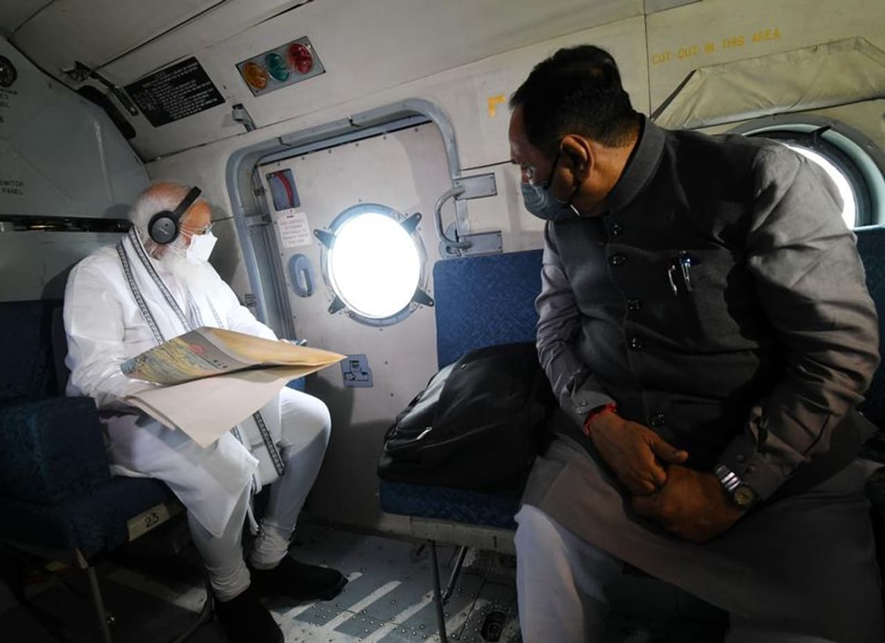 <p>Prime Minister Narendra Modi Wednesday took stock of the situation in Gujarat, two days after Cyclone Tauktae made landfall in the Saurashtra region. He landed in Bhavnagar, from where he conducted an aerial survey of Una, Dio, Jafarabad and Mahuva. Gujarat Chief Minister Vijay Rupani accompanied him.</p> <p>Prime Minister Narendra Modi Wednesday took stock of the situation in Gujarat, two days after Cyclone Tauktae made landfall in the Saurashtra region. He landed in Bhavnagar, from where he conducted an aerial survey of Una, Dio, Jafarabad and Mahuva. Gujarat Chief Minister Vijay Rupani accompanied him.</p>