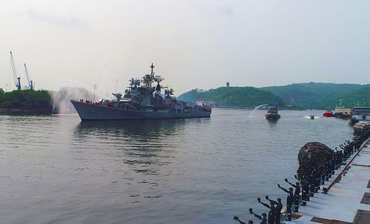 <p>INS Rajput has a crew of 30 officers and 310 sailors and is equipped with an array of weapons and sensors. 'Rajput' was named after the famous warrior community of northern India known for its bravery and valour. The ship's crest design displays a head protector helmet and crossed spears, used by Rajput warriors, on a red background</p>