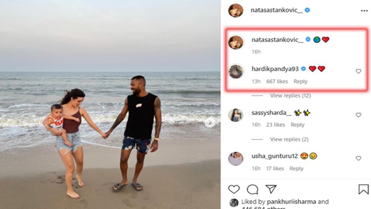 <p>నటాశా, హార్ధిక్ పాండ్యా, తమ కొడుకుతో కలిసి బీచ్లో నడుస్తున్న ఫోటోలను సోషల్ మీడియాలో పోస్టు చేసింది నటాశా. దీనికి ‘వరల్డ్ లవ్’ సింబల్స్ కాప్షన్ ఇవ్వగా, హార్ధిక్ పాండ్యా లవ్ సింబల్స్తో రిప్లై ఇచ్చాడు.<br /> </p> <p>నటాశా, హార్ధిక్ పాండ్యా, తమ కొడుకుతో కలిసి బీచ్లో నడుస్తున్న ఫోటోలను సోషల్ మీడియాలో పోస్టు చేసింది నటాశా. దీనికి ‘వరల్డ్ లవ్’ సింబల్స్ కాప్షన్ ఇవ్వగా, హార్ధిక్ పాండ్యా లవ్ సింబల్స్తో రిప్లై ఇచ్చాడు.<br /> </p>