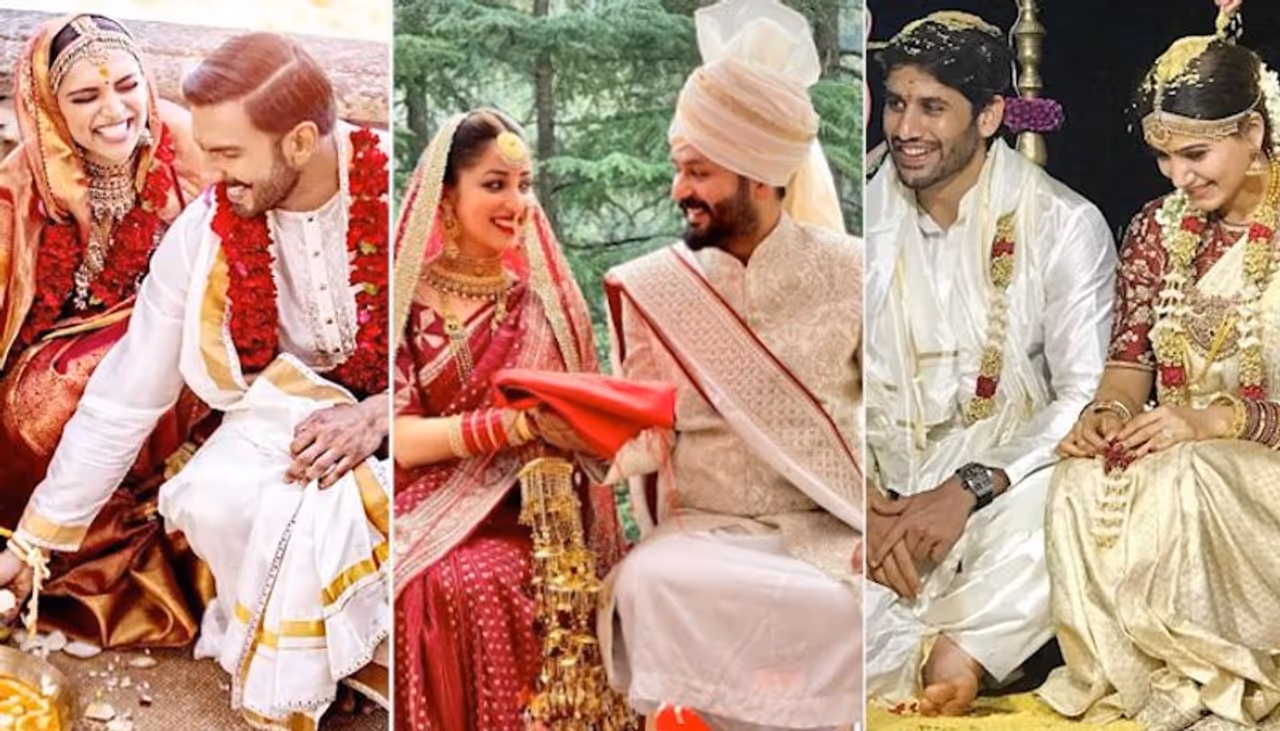 <p style="text align: justify;">We cannot get over how gorgeous Yami Gautam looked at her wedding by wearing a beautiful red saree and gold jewellery. Her beautiful kaleere stole all the attention as she tied the knot with her best friend, Aditya Dhar. Apart from Yami, Deepika Padukone, Dia Mirza, and many more actresses wore sarees over lehenga on their special days.</p>