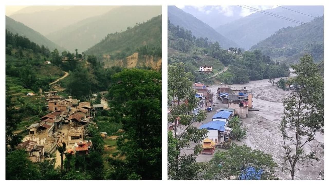 <p>ഹരീത്രാജു രജുപ്ചേത്രി തന്റെ ട്വിറ്റര് അക്കൌണ്ടില് പങ്കുവച്ച ചിത്രം. 2015 ല് ഭൂകമ്പത്തില് നിന്ന് ഉയര്ത്തെഴുന്നേല്ക്കുന്ന മേലംചി നഗരത്തിന്റെ ചിത്രമാണ് ആദ്യത്തേത്. രണ്ടാമത്തെ ചിത്രം കഴിഞ്ഞ ദിവസത്തെ പ്രളയത്തില് പകര്ത്തിയ്ത. ജന്മസ്ഥലത്ത് ഇത് സംഭവിക്കുന്നത് കാണുന്നത് വേദനിപ്പിക്കുന്നു. നമുക്ക് വീണ്ടും ഉയരാൻ കഴിയുമോ ? അദ്ദേഹം ചോദിക്കുന്നു. സിന്ധുപാൽചൗക്ക് ജില്ലയിലെ മേലംചിയില് നിന്നും സമീപത്തെ മറ്റ് നഗരങ്ങളില് നിന്നും പുറത്ത് വരുന്ന ചിത്രങ്ങള് ദുരന്തത്തിന്റെ വ്യാപ്തി വ്യക്തമാക്കുന്നു. <br /> </p> <p>ഹരീത്രാജു രജുപ്ചേത്രി തന്റെ ട്വിറ്റര് അക്കൌണ്ടില് പങ്കുവച്ച ചിത്രം. 2015 ല് ഭൂകമ്പത്തില് നിന്ന് ഉയര്ത്തെഴുന്നേല്ക്കുന്ന മേലംചി നഗരത്തിന്റെ ചിത്രമാണ് ആദ്യത്തേത്. രണ്ടാമത്തെ ചിത്രം കഴിഞ്ഞ ദിവസത്തെ പ്രളയത്തില് പകര്ത്തിയ്ത. ജന്മസ്ഥലത്ത് ഇത് സംഭവിക്കുന്നത് കാണുന്നത് വേദനിപ്പിക്കുന്നു. നമുക്ക് വീണ്ടും ഉയരാൻ കഴിയുമോ ? അദ്ദേഹം ചോദിക്കുന്നു. സിന്ധുപാൽചൗക്ക് ജില്ലയിലെ മേലംചിയില് നിന്നും സമീപത്തെ മറ്റ് നഗരങ്ങളില് നിന്നും പുറത്ത് വരുന്ന ചിത്രങ്ങള് ദുരന്തത്തിന്റെ വ്യാപ്തി വ്യക്തമാക്കുന്നു. <br /> </p>