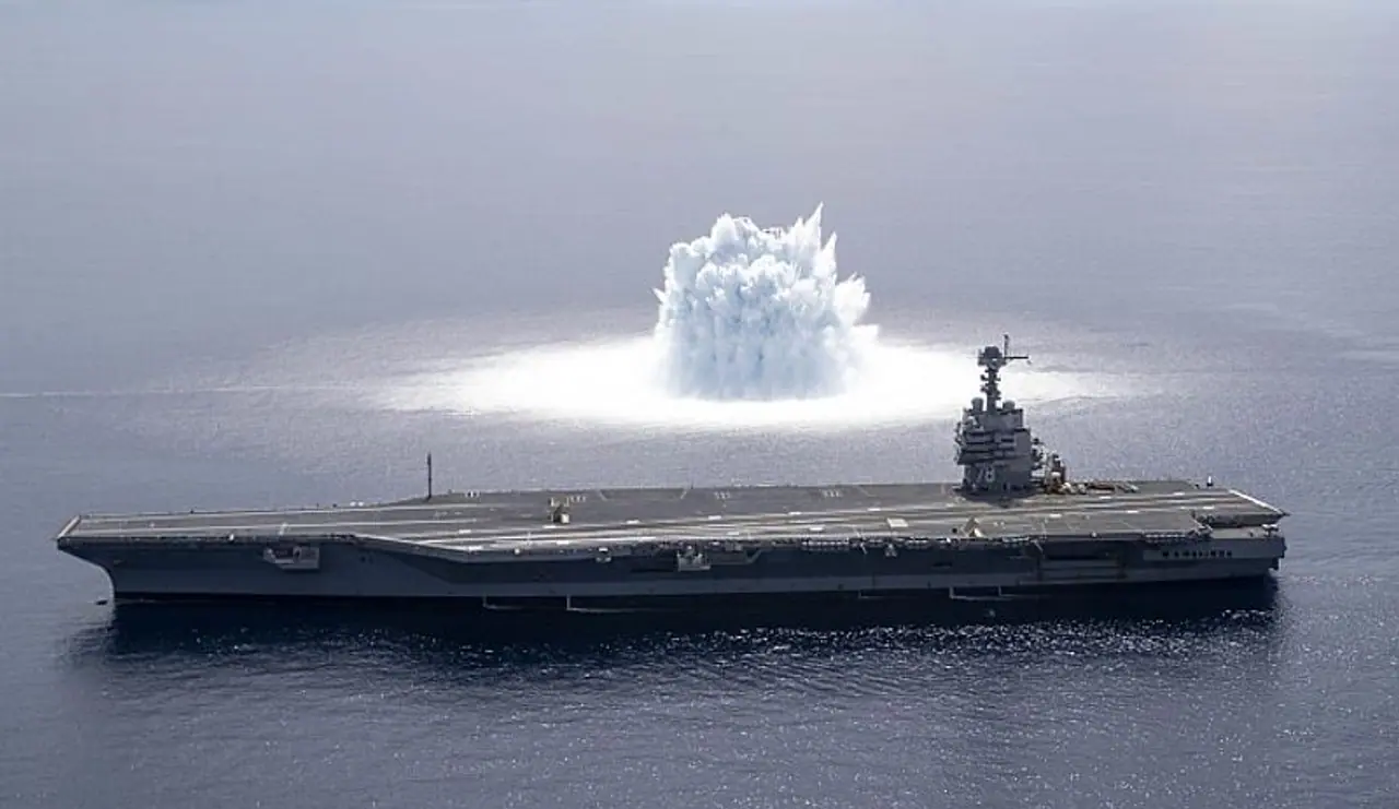 <p>USS Gerald Ford, the newest and most advanced aircraft carrier in the US Navy, was hit with the blast about 100 miles off the Florida coast. The US Geological Survey registered the blast as a 3.9 magnitude earthquake. <em>Photograph: US Navy</em></p>