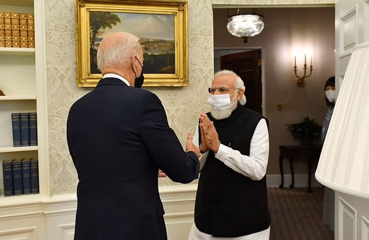 <p>Image: Prime Minister Narendra Modi is greeted by US President Joe Biden at the White House ahead of their first in person meeting.</p>