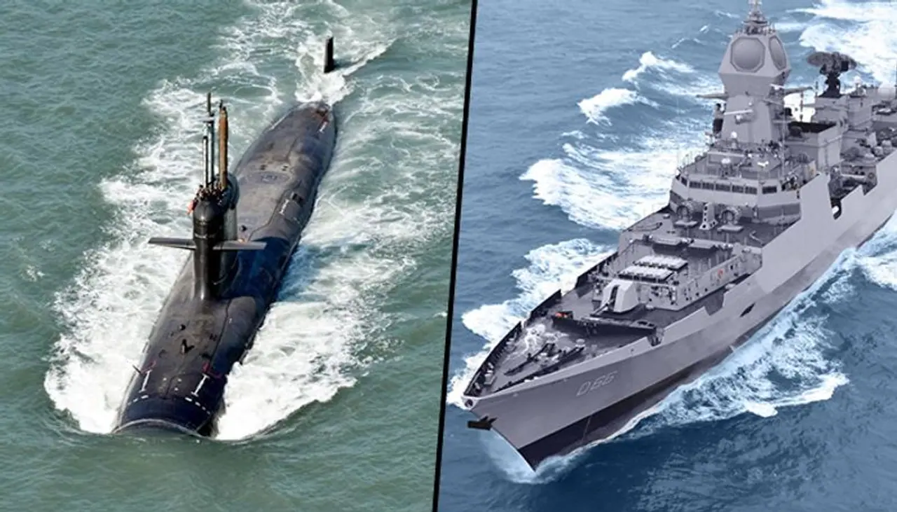 Image: Visakhapatnam class destroyer (left), Scorpene submarine Vela (right)
