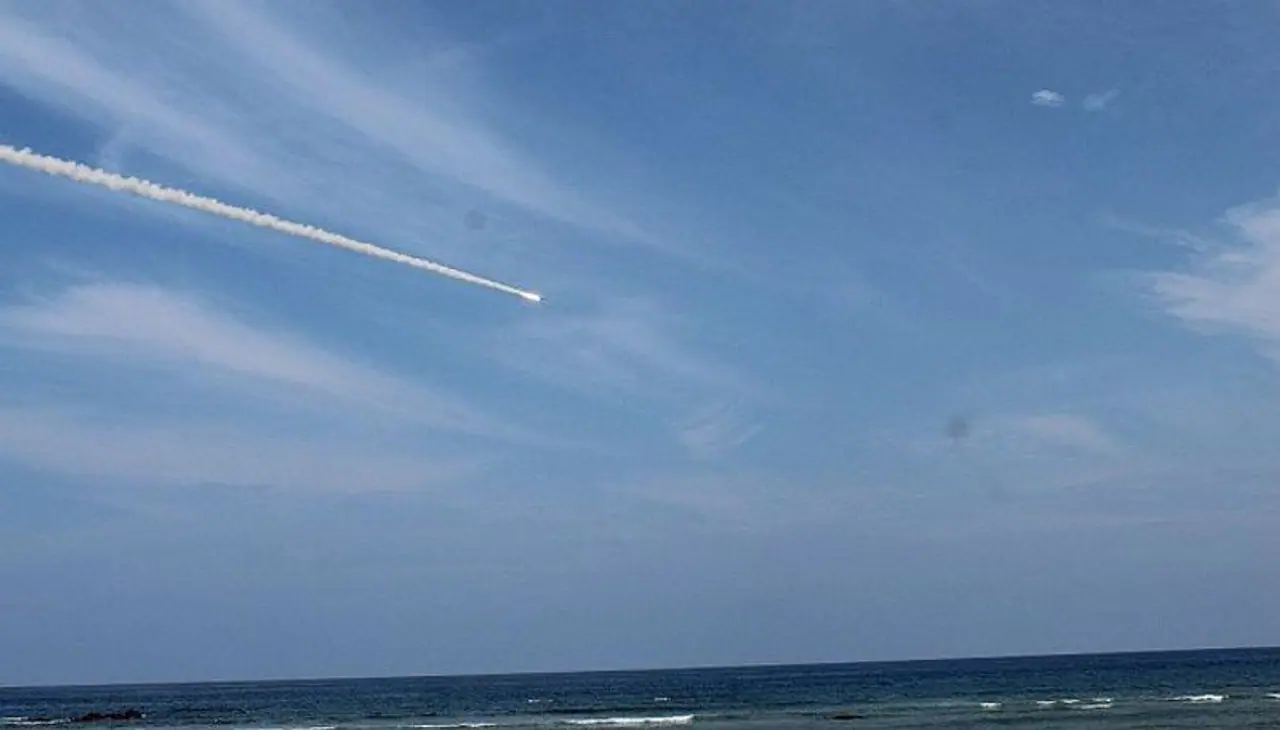 Extended range Brahmos cruise missile being tested from Andaman Islands.