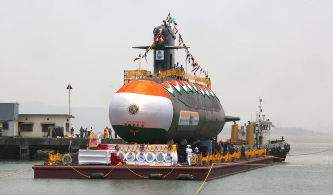 Image: The 6th and last submarine of the Indian Navy’s Kalvari class submarines of Project 75 is launched at the Kanhoji Angre Wet Basin of Mazagon Dock Limited