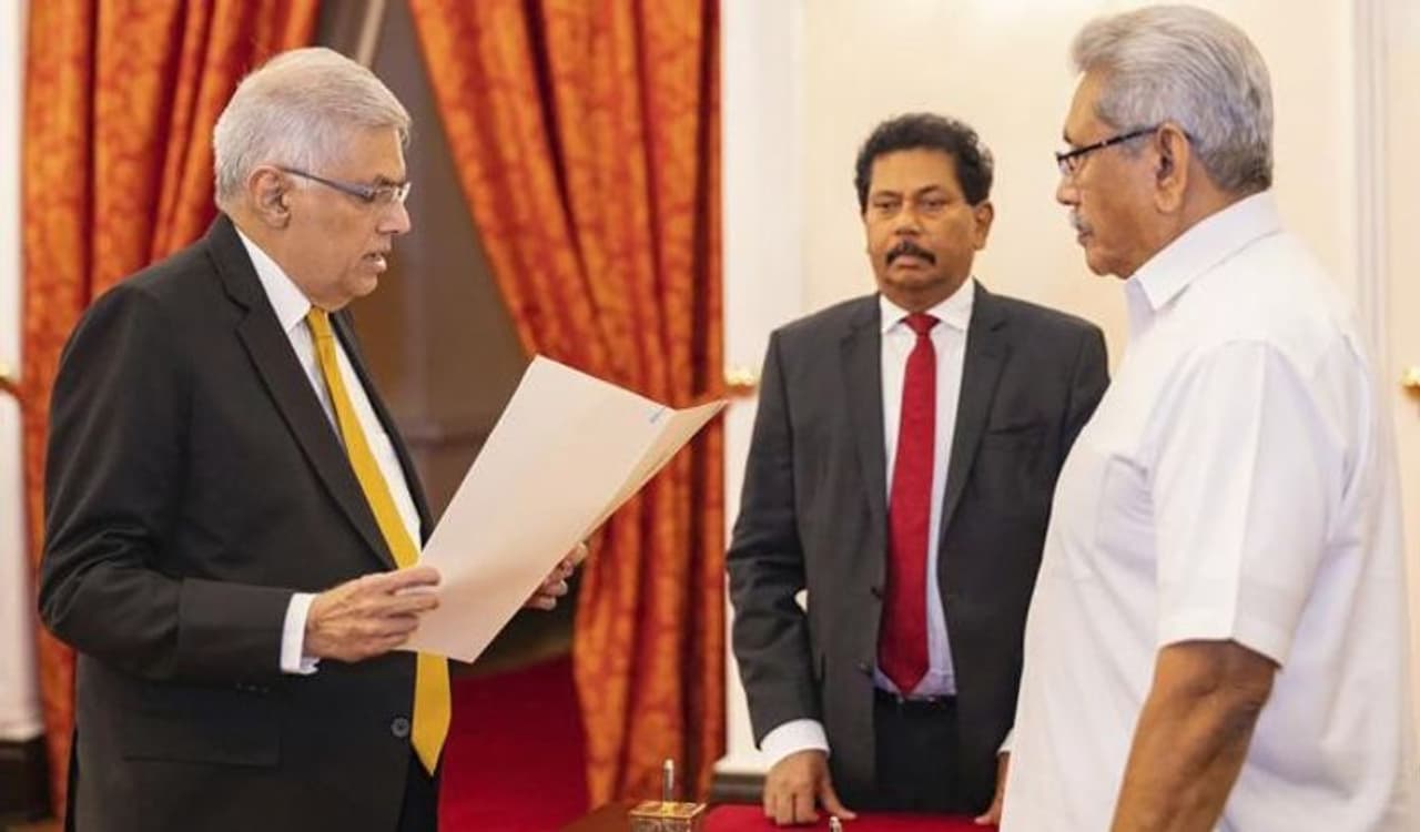 Image: Ranil Wickremesinghe being administered the oath by President Gotabaya Image: Ranil Wickremesinghe being administered the oath by President Gotabaya