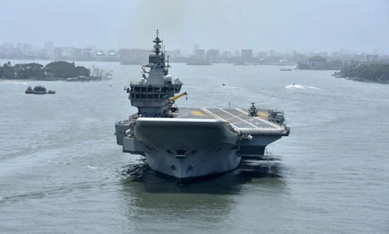 <I>Image: IAC Vikrant back in port after undergoing tests</I>