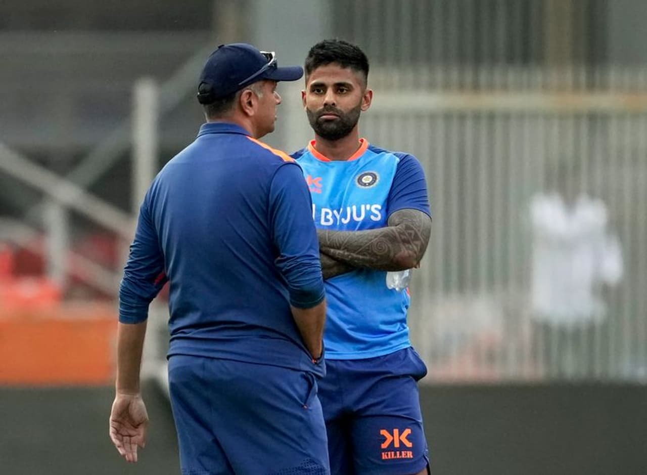 Ahmedabad: Indian player Suryakumar Yadav with India's Coach Rahul Dravid during a practice session ahead of the 3rd T20 cricket match between India and New Zealand, at Narendra Modi Stadium, in Ahmedabad, Tuesday, Jan. 31, 2023. (PTI Photo/Kunal Patil)(PTI01_31_2023_000333B) Ahmedabad: Indian player Suryakumar Yadav with India's Coach Rahul Dravid during a practice session ahead of the 3rd T20 cricket match between India and New Zealand, at Narendra Modi Stadium, in Ahmedabad, Tuesday, Jan. 31, 2023. (PTI Photo/Kunal Patil)(PTI01_31_2023_000333B)