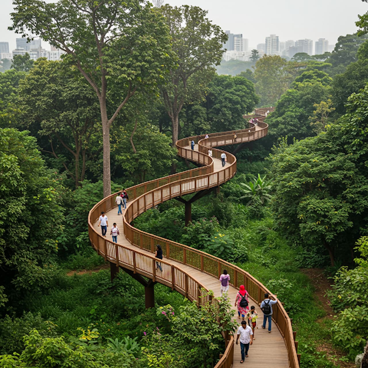 झाडांच्या शेंड्यावरून चालणारा लाकडी वॉकवे झाडांच्या शेंड्यावरून चालणारा लाकडी वॉकवे