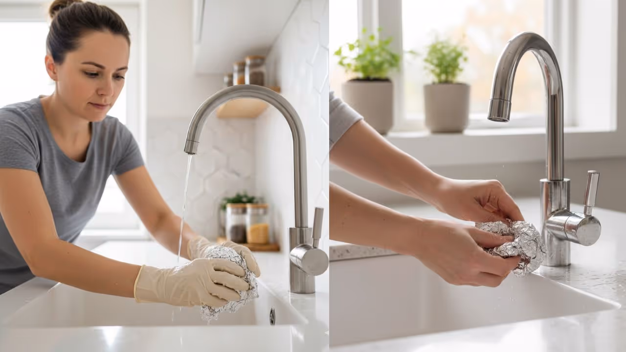 Simple Hack to Remove Hard Water Stains from Taps Using Aluminium Foil Simple Hack to Remove Hard Water Stains from Taps Using Aluminium Foil