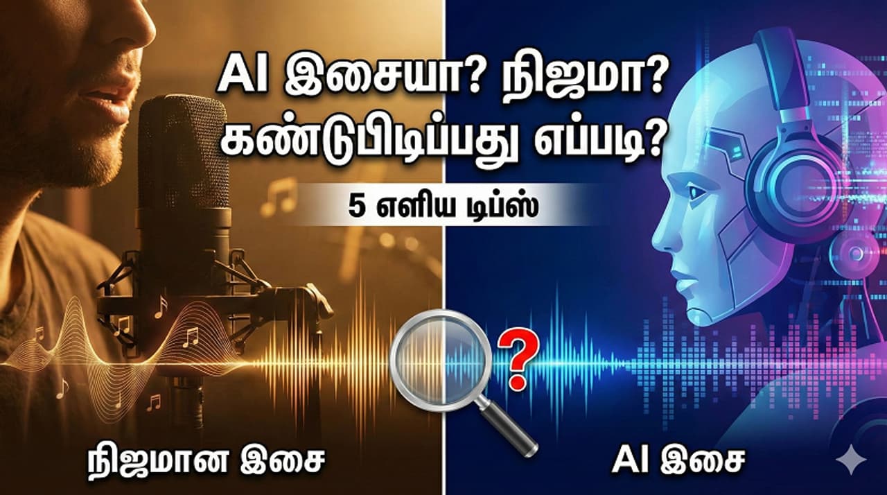 AI Generated Music நிஜமான பாட்டா? இல்லை AI போட்ட டியூனா? போலியை கண்டுபிடிக்க 5 சீக்ரெட் டிப்ஸ்! AI Generated Music நிஜமான பாட்டா? இல்லை AI போட்ட டியூனா? போலியை கண்டுபிடிக்க 5 சீக்ரெட் டிப்ஸ்!