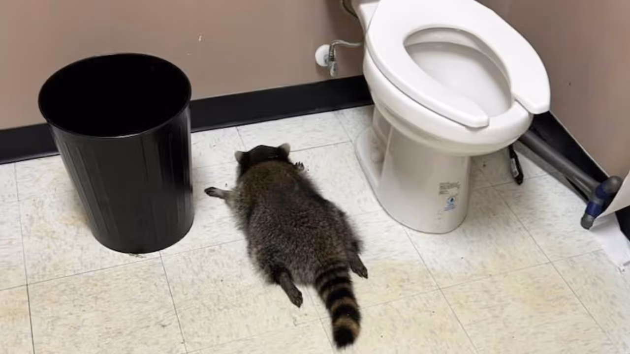 താങ്ക്സ് ഗിവിങ് അവധിക്ക് പിന്നാലെ ശുചിമുറിയിൽ ഫിറ്റായി റക്കൂൺ