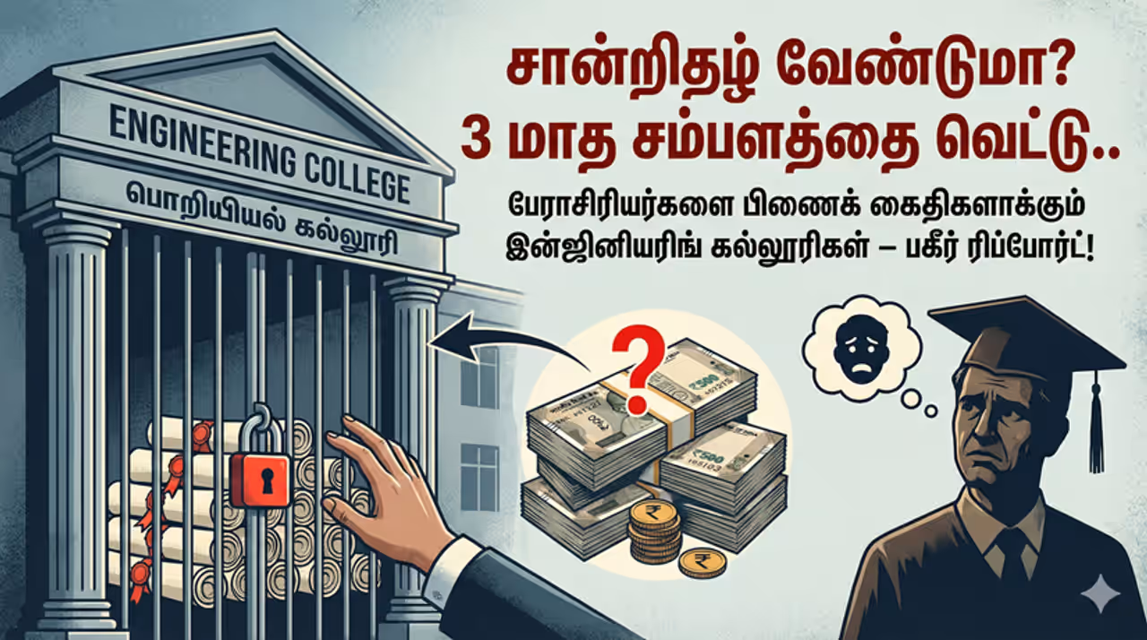 Certificates Hostage "சர்டிபிகேட் வேணும்னா காசு கொடு.." பேராசிரியர்களைக் கதறவிடும் கல்லூரிகள்! Certificates Hostage "சர்டிபிகேட் வேணும்னா காசு கொடு.." பேராசிரியர்களைக் கதறவிடும் கல்லூரிகள்!