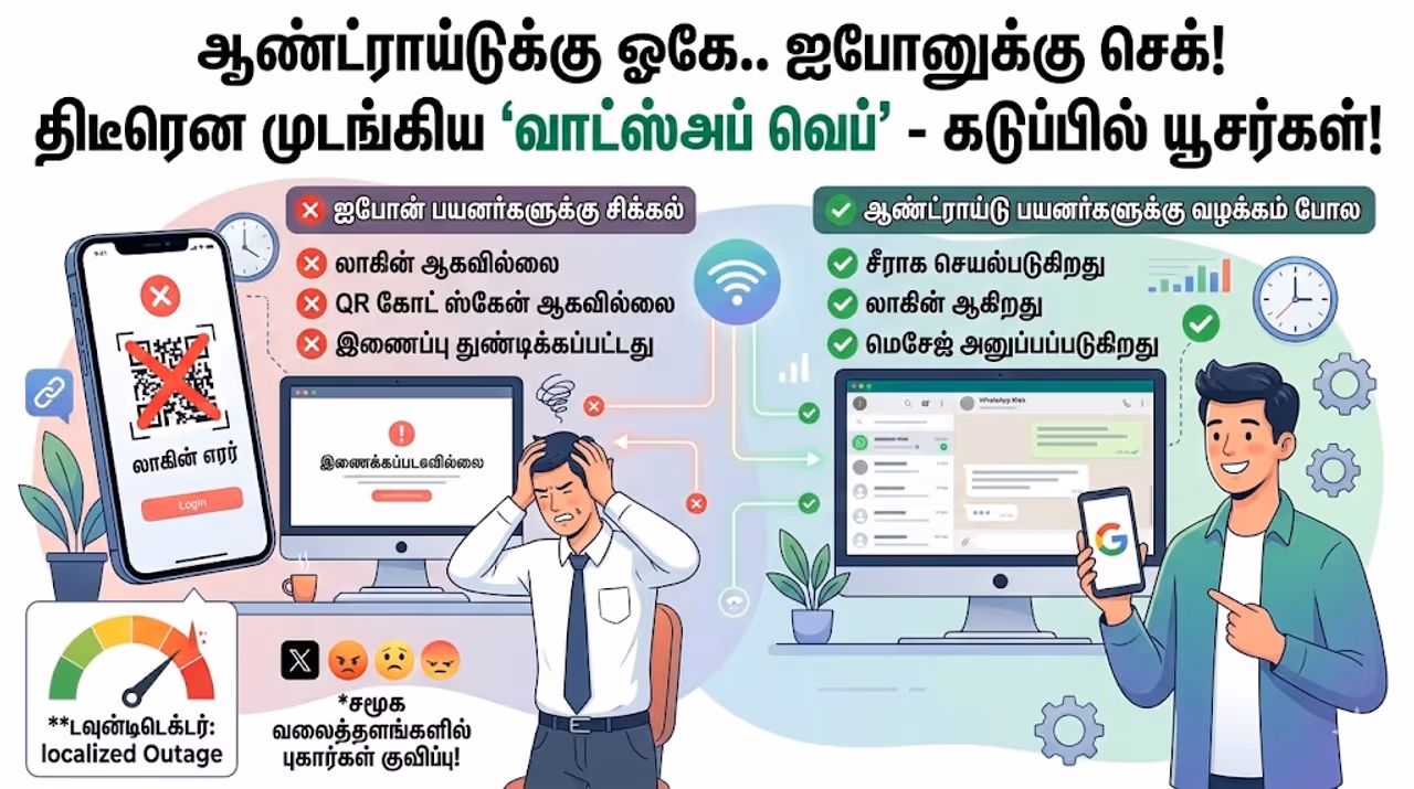 WhatsApp வாட்ஸ்அப் வெப் முடக்கம்: லாகின் செய்வதில் தொடரும் சிக்கல் WhatsApp வாட்ஸ்அப் வெப் முடக்கம்: லாகின் செய்வதில் தொடரும் சிக்கல்