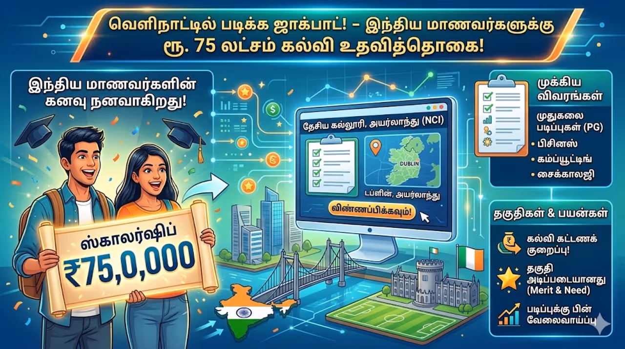 Scholarship அயர்லாந்தில் உயர்கல்வி: இந்திய மாணவர்களுக்கு ரூ. 75 லட்சம் ஸ்காலர்ஷிப்! Scholarship அயர்லாந்தில் உயர்கல்வி: இந்திய மாணவர்களுக்கு ரூ. 75 லட்சம் ஸ்காலர்ஷிப்!