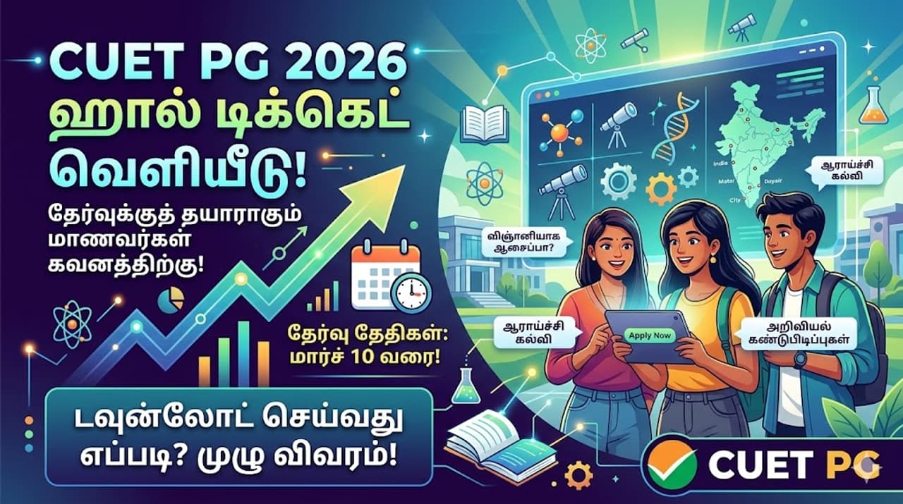 முதுகலை படிப்பு கனவா? CUET PG 2026 ஹால் டிக்கெட் வெளியானது! முதுகலை படிப்பு கனவா? CUET PG 2026 ஹால் டிக்கெட் வெளியானது!