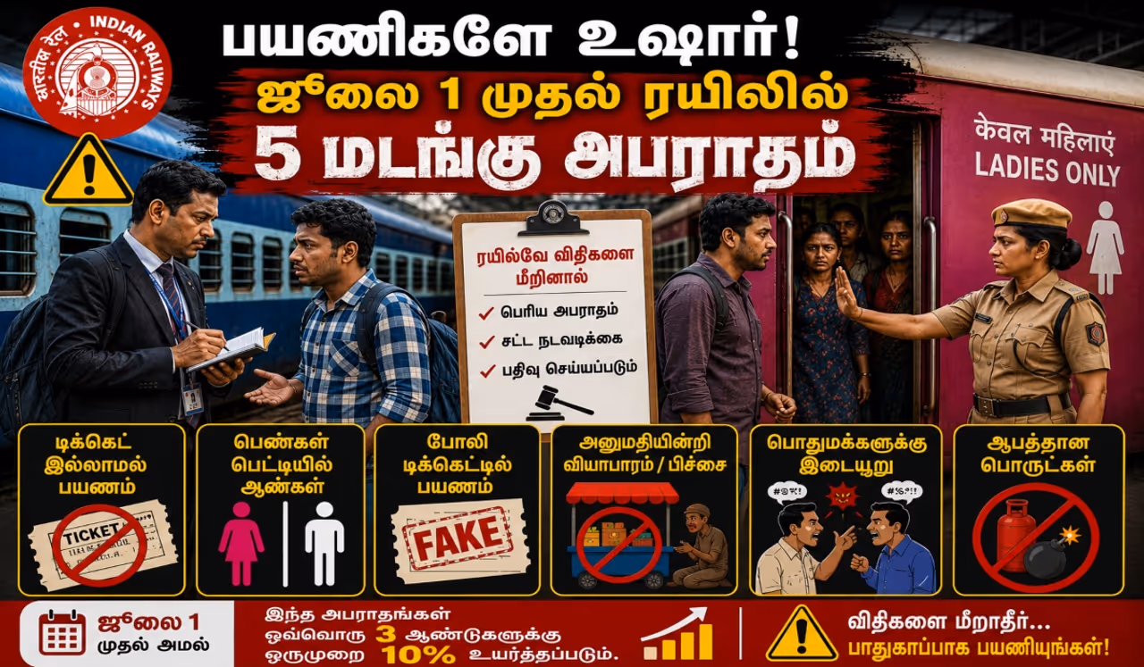 ரயிலில் அபராத தொகை 5 மடங்கு உயர்வு ரயிலில் அபராத தொகை 5 மடங்கு உயர்வு
