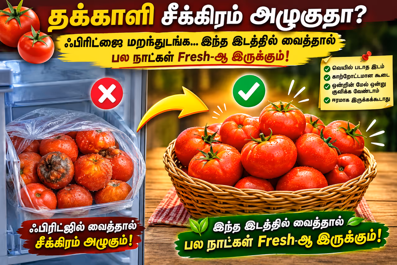 தக்காளி சீக்கிரம் அழுகுதா? ஃபிரிட்ஜில் வைக்காம இந்த இடத்துல வெச்சுப் பாருங்க! தக்காளி சீக்கிரம் அழுகுதா? ஃபிரிட்ஜில் வைக்காம இந்த இடத்துல வெச்சுப் பாருங்க!