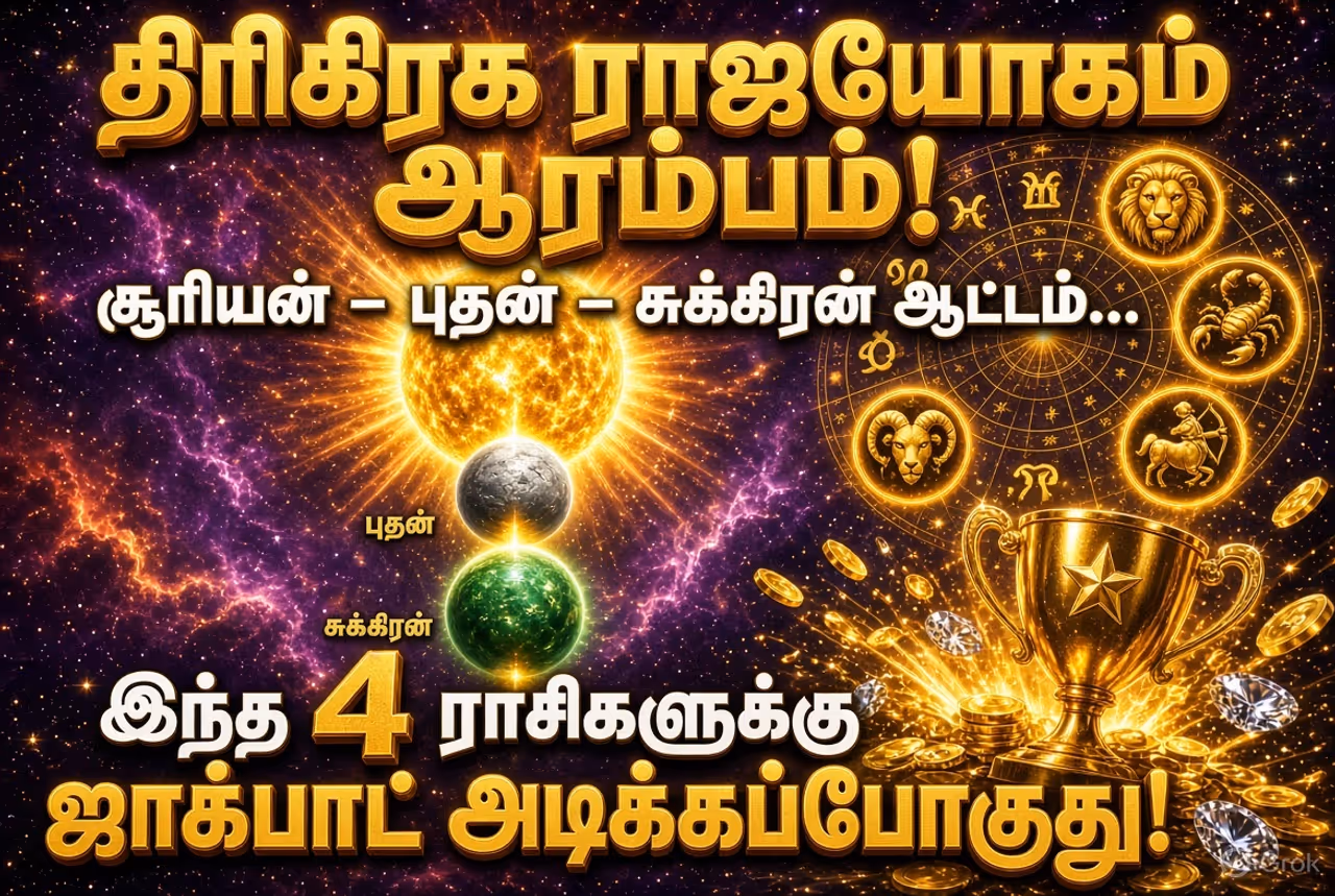 சூரியன், புதன், சுக்கிரன் சேர்க்கையால் இந்த 4 ராசிகளுக்கு ஜாக்பாட்? சூரியன், புதன், சுக்கிரன் சேர்க்கையால் இந்த 4 ராசிகளுக்கு ஜாக்பாட்?