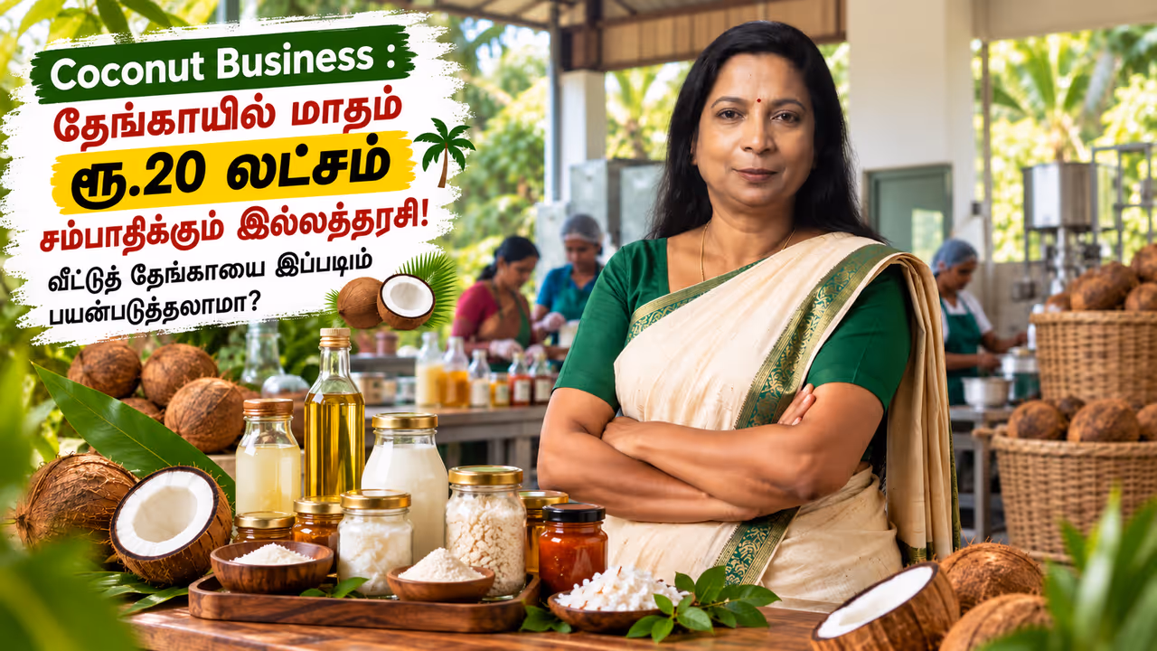 1. இல்லத்தரசியாக இருந்தவர்... தேங்காயில் தொழில் வாய்ப்பை கண்டார்! 1. இல்லத்தரசியாக இருந்தவர்... தேங்காயில் தொழில் வாய்ப்பை கண்டார்!