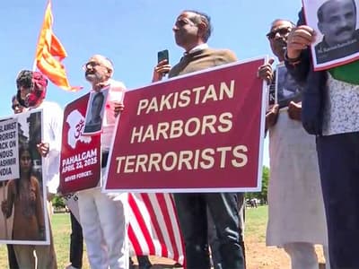 Members of the Indian diaspora hold a peaceful demonstration in memory of the Pahalgam terror attack victims in Washington, DC