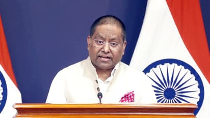 MEA spokesperson Randhir Jaiswal addresses a press briefing