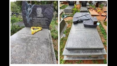 Gustav Krumbiegel’s damaged tombstone at Hosur Road cemetery