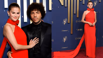Selena Gomez stuns in red with fiance Benny Blanco at Emmys