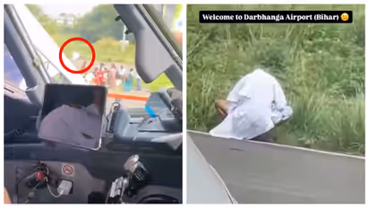 bihari man urinating on the runway near airplane