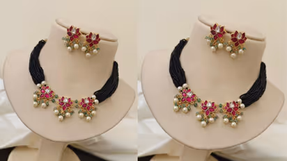 Pink kundan necklace design for Onam traditional look