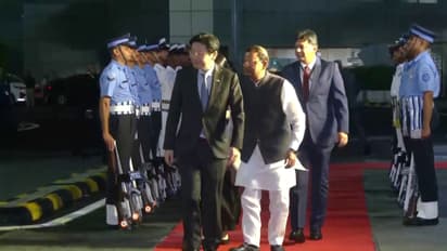 Singapore PM Lawrence Wong being welcomed by MoS for Finance Pankaj Chaudhary