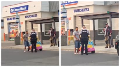dranken man driving a toy car on busy road