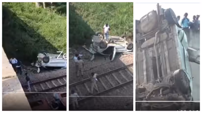 car hit a bike rider and rams through flyover