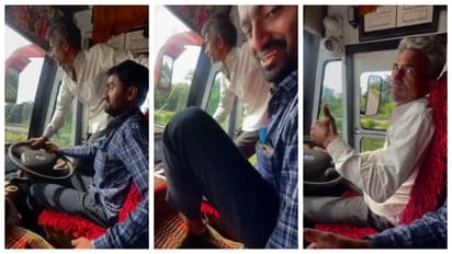 Bus drivers practice changing seats while traveling on the highway