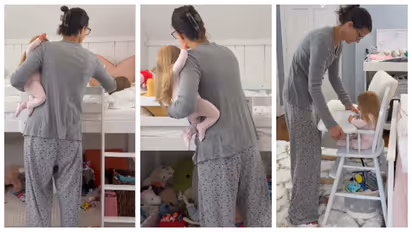 woman wakesup and feeding five littile girls