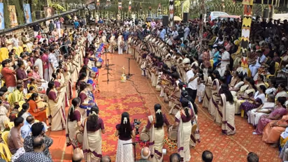 75 women performing Panchavadyam in Thrissur, Kerala, marking Women's Day 2026 celebrations organized by Sopanam School of Panchavadyam.