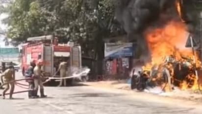 Electric car caught fire in front of Venjaramoodu police station after Pirappancode accident.